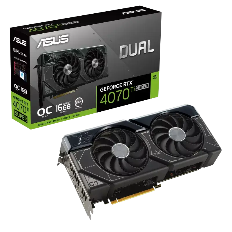 ASUS Dual GeForce RTX™ 4070 Ti SUPER OC Edition 16GB GDDR6X with two powerful Axial-tech fans and a 2.56-slot design for broad compatibility