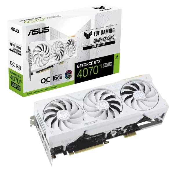 ASUS TUF Gaming GeForce RTX™ 4070 Ti SUPER BTF White OC Edition 16GB GDDR6X with DLSS3, innovative Graphics Card High-Power (GC-HPWR) Gold Finger, and enhanced durability.