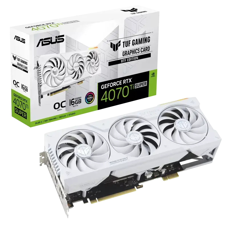 ASUS TUF Gaming GeForce RTX™ 4070 Ti SUPER BTF White OC Edition 16GB GDDR6X with DLSS3, innovative Graphics Card High-Power (GC-HPWR) Gold Finger, and enhanced durability.