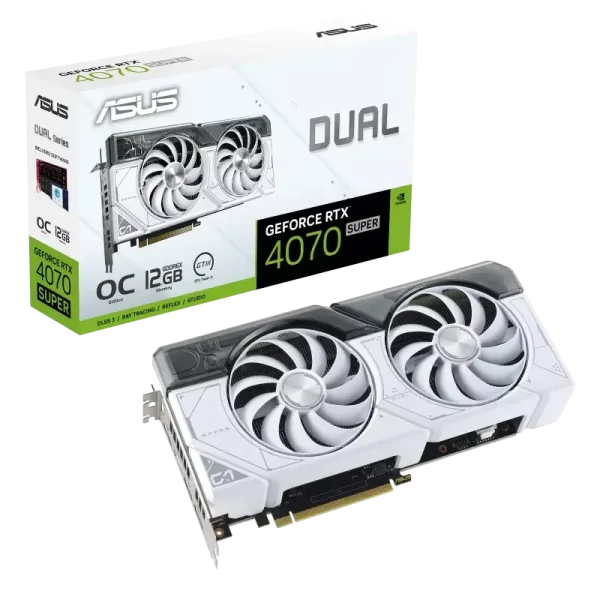 ASUS Dual GeForce RTX™ 4070 SUPER White OC Edition 12GB GDDR6X with two powerful Axial-tech fans and a 2.56-slot design for broad compatibility