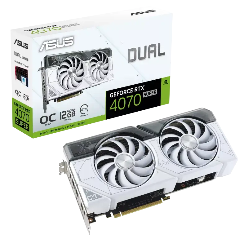 ASUS Dual GeForce RTX™ 4070 SUPER White OC Edition 12GB GDDR6X with two powerful Axial-tech fans and a 2.56-slot design for broad compatibility