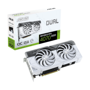 ASUS Dual GeForce RTX™ 4070 SUPER EVO White OC Edition 12GB GDDR6X with two powerful Axial-tech fans and a 2.5-slot design for broad compatibility