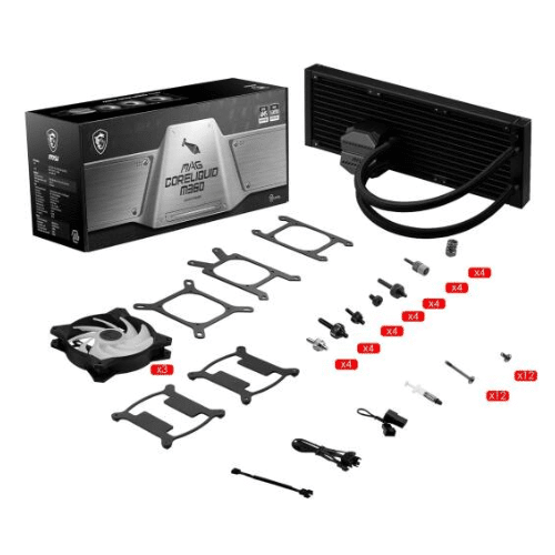 MSI MAG CORELIQUID M360 AIO Liquid Cooler, 360mm Radiator, 78.73 CFM, 2000 RPM Fan Speed, 3 x ARGB 120mm Fans, Two Ball Bearing, Elevated Cooper Plate, Reinforced Tubing, Black | 306-7ZW4R24-813