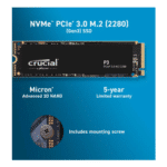 Crucial P3 1TB PCIe Internal SSD, M.2 2280 Form Factor, 3500 MB/s Sequential Read, 3000 MB/s Sequential Write, 220 Terabytes Endurance, NVMe Interface, Black | CT1000P3SSD8