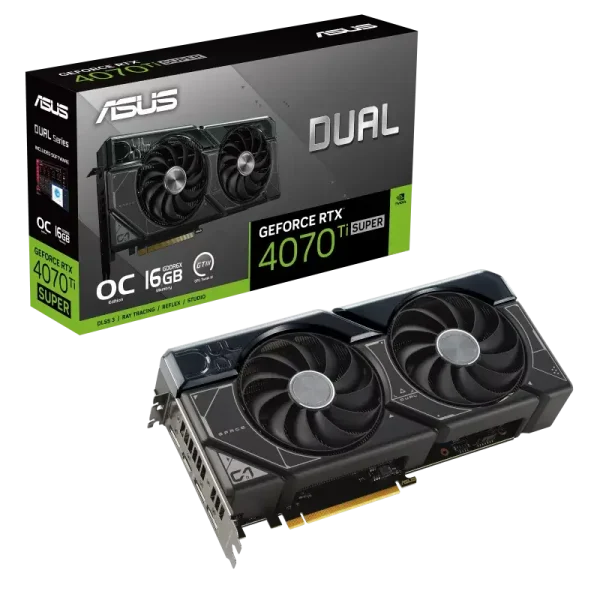 ASUS Dual GeForce RTX™ 4070 Ti SUPER OC Edition 16GB GDDR6X with two powerful Axial-tech fans and a 2.56-slot design for broad compatibility