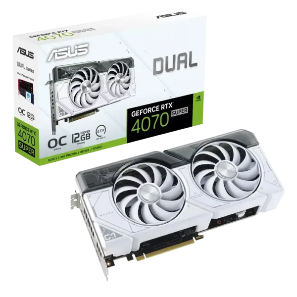 ASUS Dual GeForce RTX™ 4070 SUPER White OC Edition 12GB GDDR6X with two powerful Axial-tech fans and a 2.56-slot design for broad compatibility