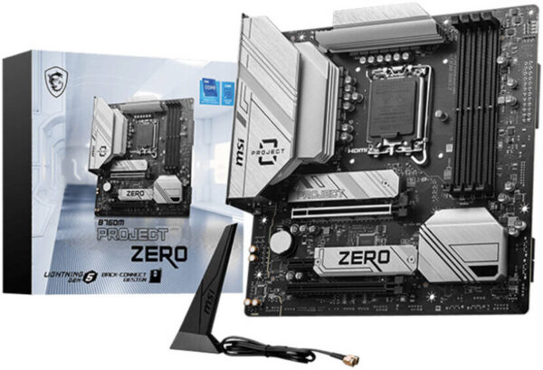 MSI B760M MSI PROJECT ZERO LGA 1700 mATX Motherboard, Intel B760 Chipset, 4x DDR5 Slots / 192GB Max, Wi-Fi 6E / BT 5.3, 2x PCI-E x16, 2x M.2, USB 3.2 Type-C, 1x HDMI / 1x DP | 911-7E14-001